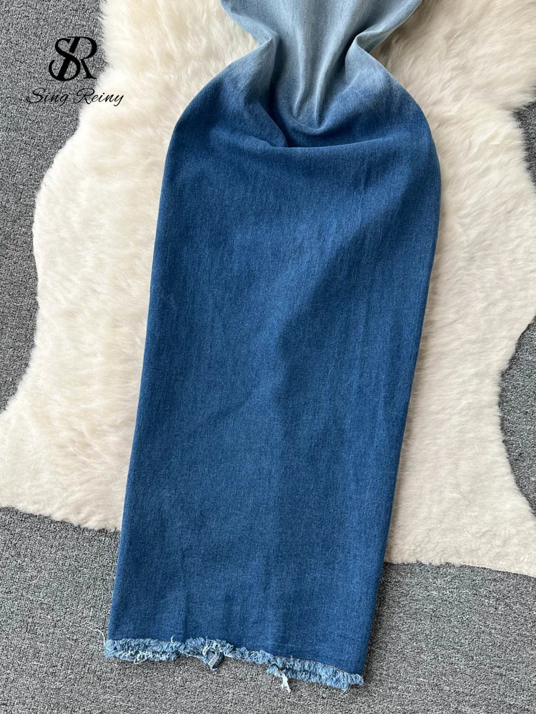 SINGREINY Summer Gradient Strapless Sexy Denim Dress Women Sleeveless Bodycon Jeans Sundress Fashion Split Backless Long Dress 240701