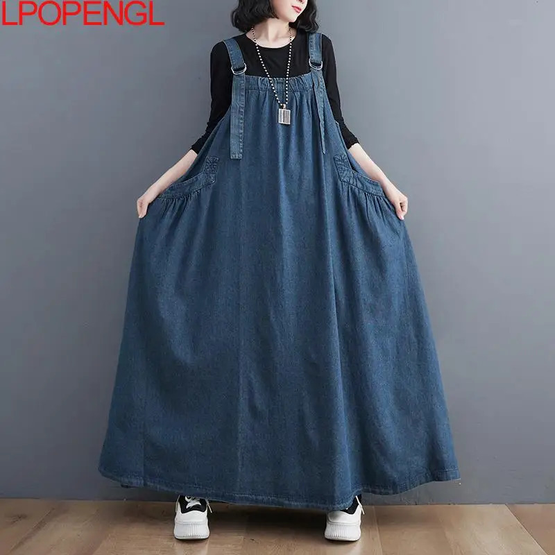 Woman Spring Autumn Denim Spaghetti Strap Sleeveless Temperament Dress Female Oversized Ankle-length Straight Pullover Dress 240701