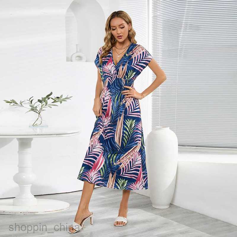 Basic Casual Dresses Women Fashionable bat sleeve V-neck strapless dress summer women's printed long skirt