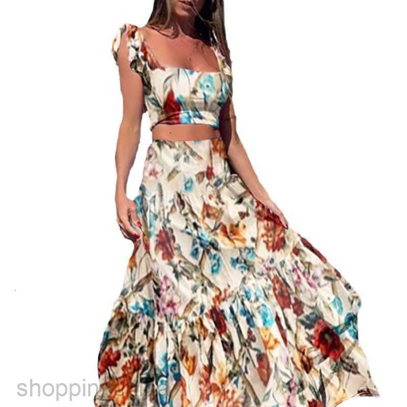 Basic Casual Dresses Women Summer New Waist Top Fashion Sexy Print Dress Long Dress Two Piece Set