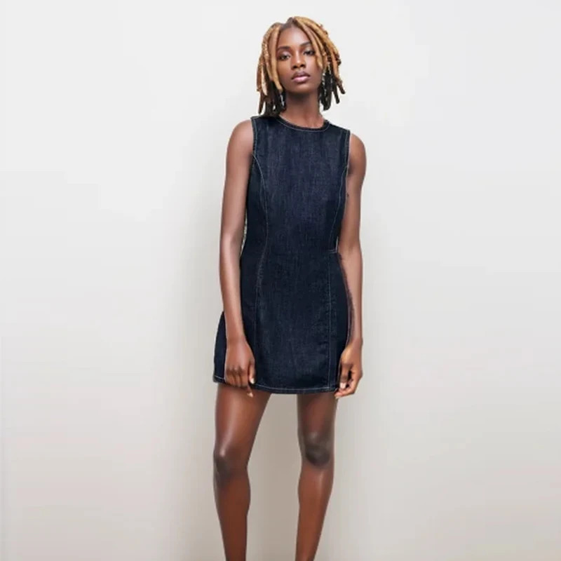 Denim Dresses Summer Womens Fashion Simple Slim O-neck Mini Womens Dress Denim Street Elegant Student Youth Dress 240701