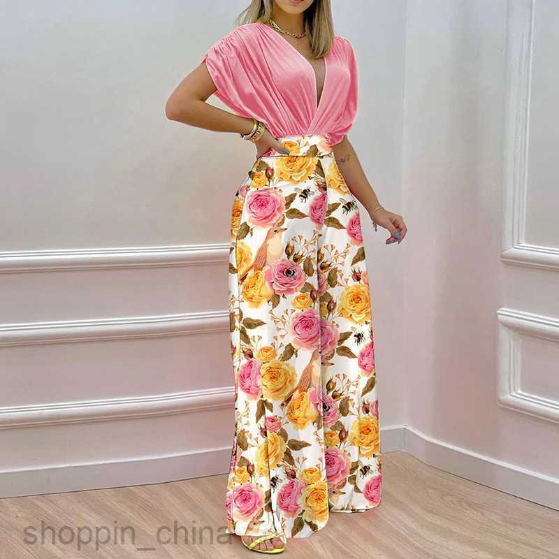 Women's Two Piece Sets Pants women's clothing summer new temperament V-neck printed wide leg pants fashion casual set
