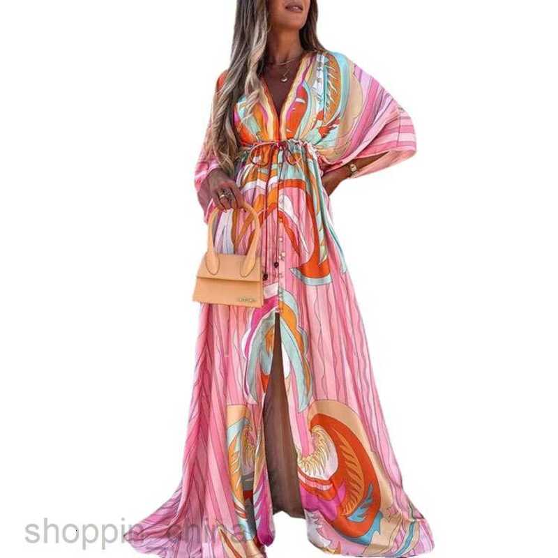 Basic Casual Dresses for Woman Summer New Vacation Style V-neck Slim Fit Print Dyed Long Dress