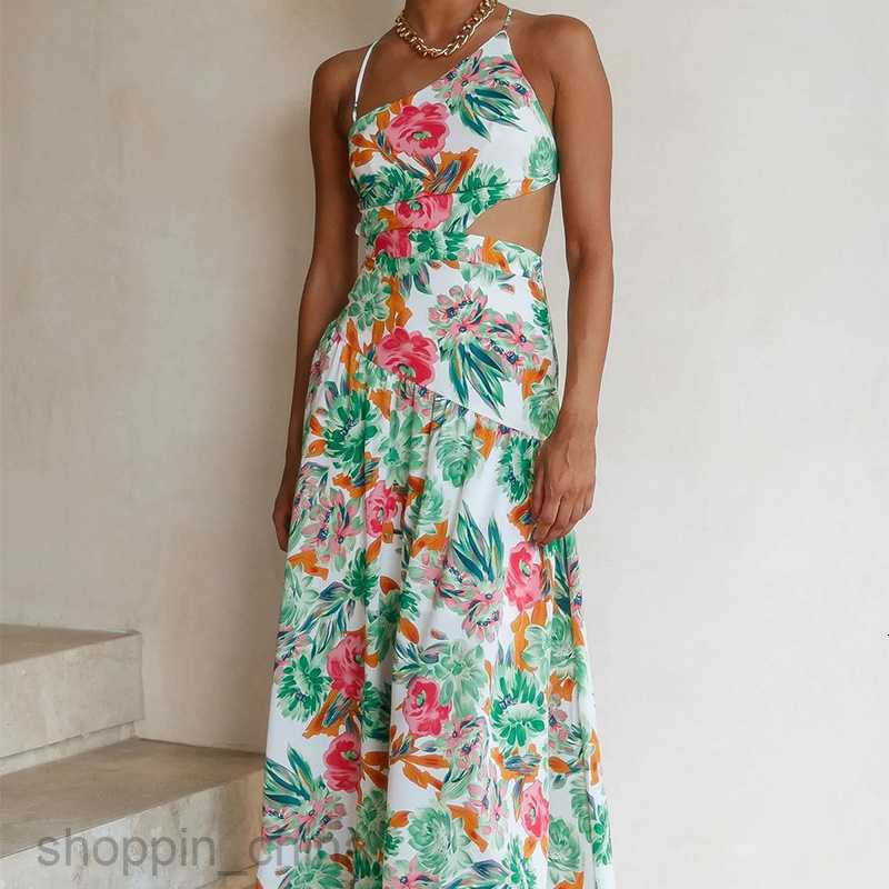 Basic Casual Dresses for Woman Summer New Women's Fashion Elegance and Fashionable Slant Shoulder Waist Fragmented Flower Hanging Strap Dress