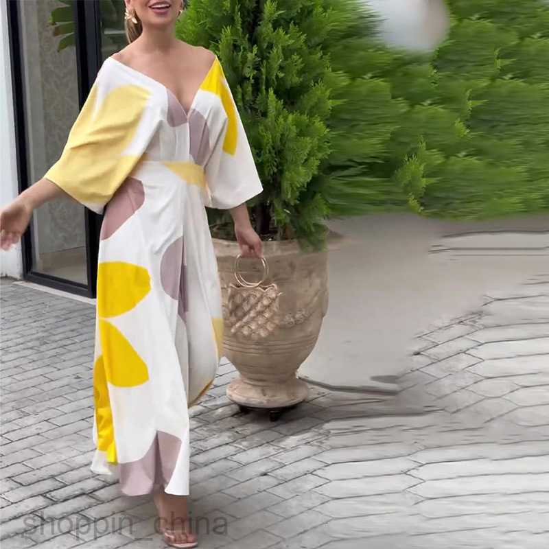 Women's Two Piece Sets Pants Summer New Women's Elegant Printed Color Block V-neck Printed Dress