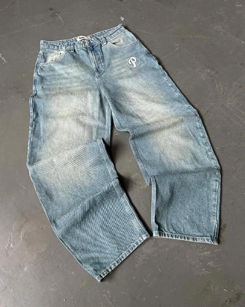 Mens Jeans Y2K PROTECT Letter Embroidery Washed Blue Baggy Men And Women Retro Harajuku Hip-Hop High Waist Wide Leg Trouser