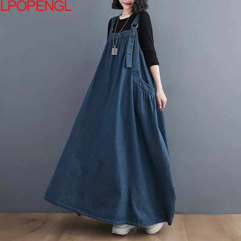 Woman Spring Autumn Denim Spaghetti Strap Sleeveless Temperament Dress Female Oversized Ankle-length Straight Pullover Dress 240701