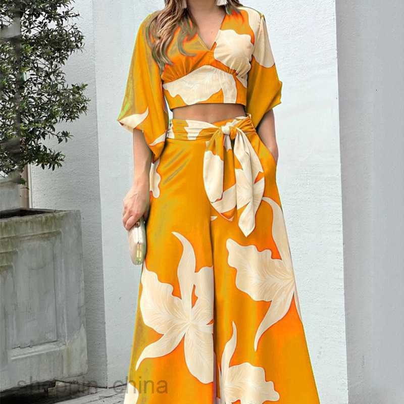 Women's Two Piece Sets Pants Women's V-neck Lantern Sleeves Short Top High Waist Wide Leg Pants Fashion Casual Set