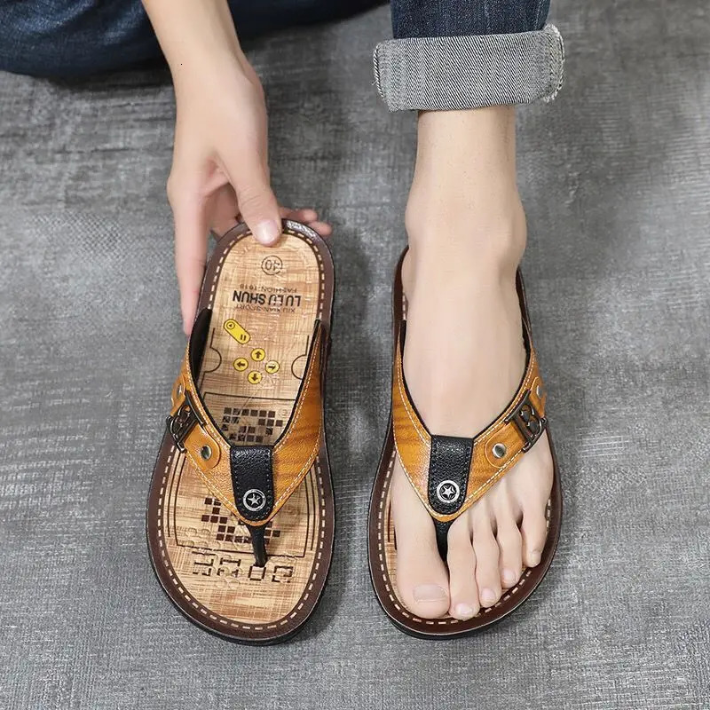 Shiatsu Male Slipper Soft Mens Shoe Beach Outdoor Sabot Flat Leather Flip Flops Slides Elegant Original High Quality Fashion 240701