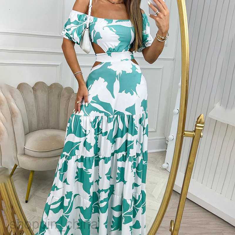 Basic Casual Dresses for Woman Summer Women's New Fashion Printed Style One Shoulder High Waist Hollow Ruffle Edge Dress for Women