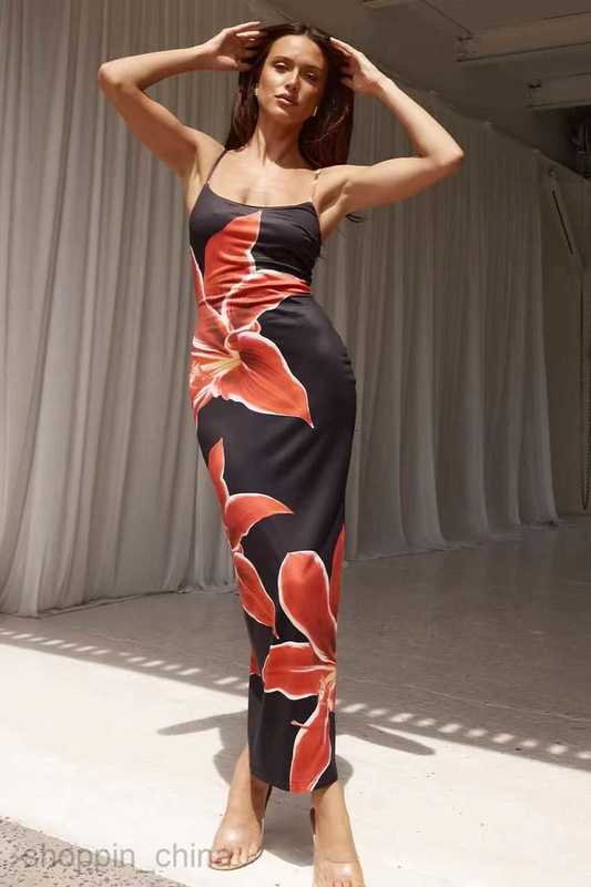 Basic Casual Dresses Women Summer new print camisole slit slim fit dress