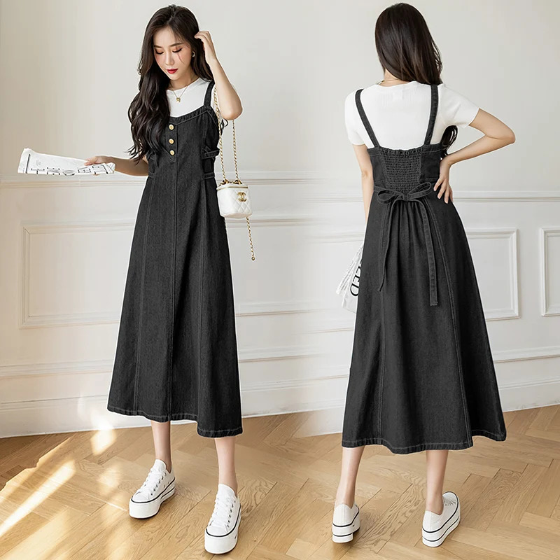 S-5XL Women Denim Strap Dress High Waist Sleeveless A-Line Jean Maxi Dresses Spring Summer Lace Up Solid Color Dress 240701
