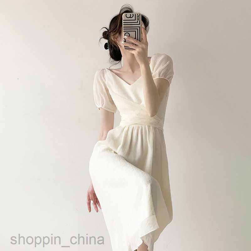 Basic Casual Dresses Women High end V-neck chiffon short sleeved long skirt new apricot summer temperament waist closing dress with pear shaped figure