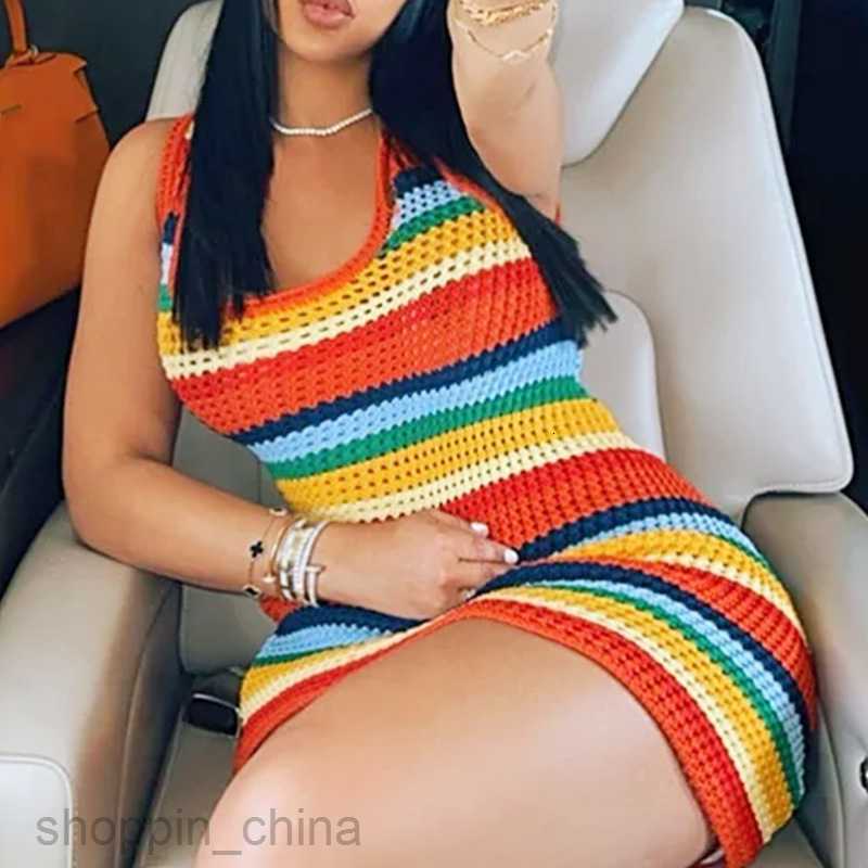 Basic Casual Dresses Women Women's Style Sexy Hollow Knitted Skirt High Waist Colored Slim Fit Sleeveless Wrapped Hip Dress