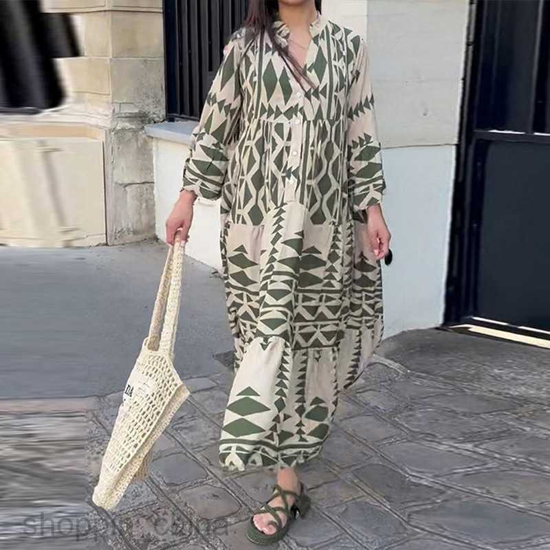 Basic Casual Dresses for Woman New Summer Women's Wear New V-neck Single breasted Personalized Printed Loose Dress