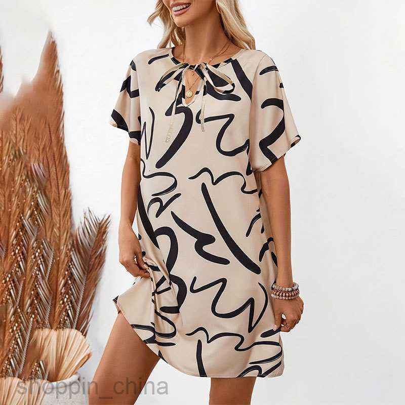 Basic Casual Dresses for Woman Elegant Commuter Knitted Printed Lace Short Sleeve Loose Short Dress Short Skirt Women's Dress