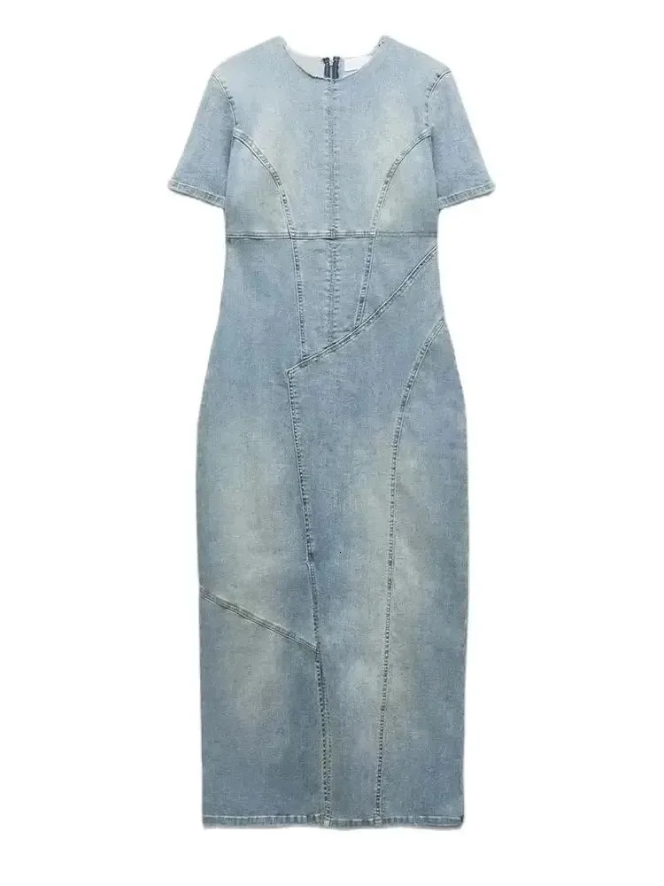 TRAFZA Casual Blue Denim Dress Patchwork Denim O Neck Dress Short Sleeve Slit Elegant Denim Midi Washed Denim Slim Dress 240701