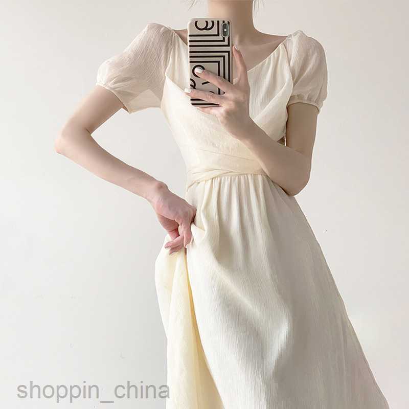 Basic Casual Dresses Women High end V-neck chiffon short sleeved long skirt new apricot summer temperament waist closing dress with pear shaped figure