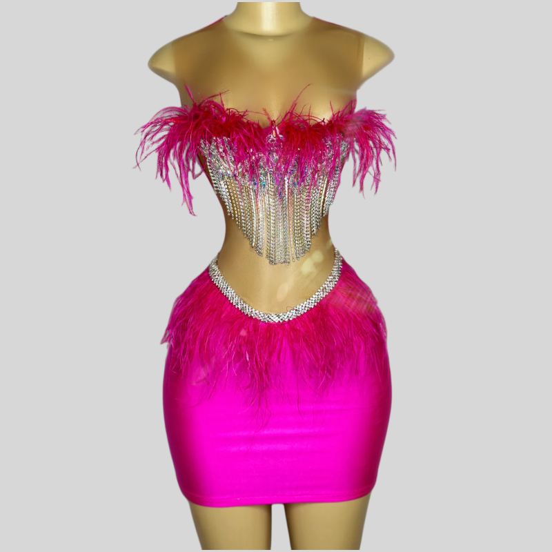 Fuchsia Crystals Feather Short Prom Dresses For Black Girls See Through Sexy African American Cocktail Dresses Birthday Party Homecoming Gowns