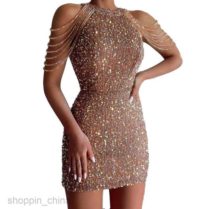 Casual Dresses for Woman Spring New Sexy Fashion Hanging Neck Shoulder Tassel Wrap Hip Crystal Spliced Sequin Dress