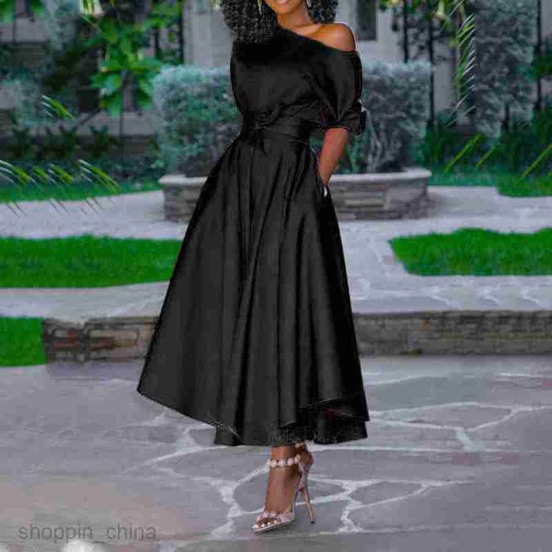 Casual Dresses for Woman New Spring/Summer Women's Single Shoulder Lace up Waist Slim Fit Mid length Dress