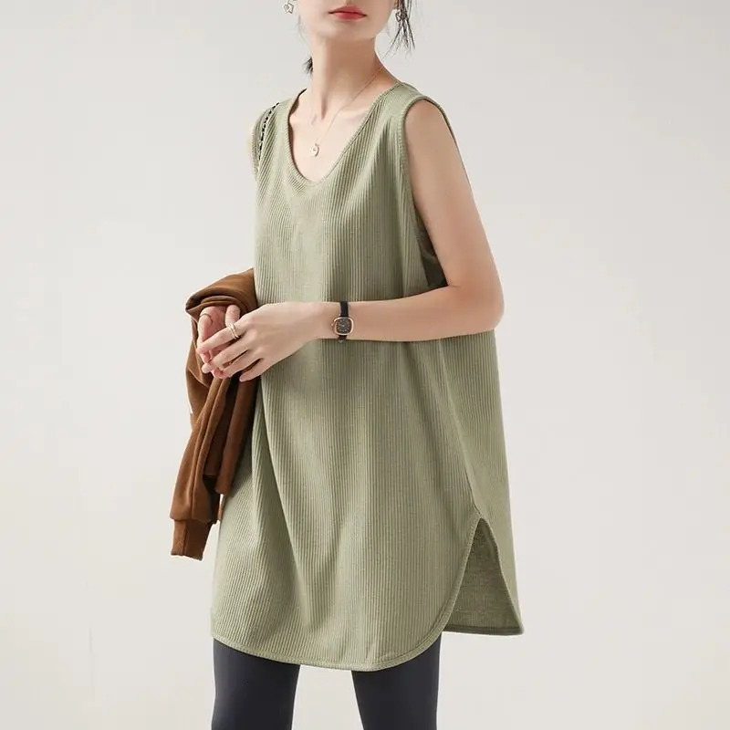 Elegant Fashion Harajuku Slim Fit Womens Clothing Loose Casual Sweat Sport All Match Top Solid V Neck Sleeveless Tanks 240626