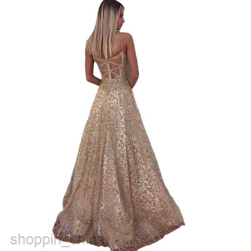 Basic Casual Dresses Women Spring/Summer Women's Long Skirt Sleeveless Deep V Sprinkled Gold Sexy Hanging Strap Large Swing Dress