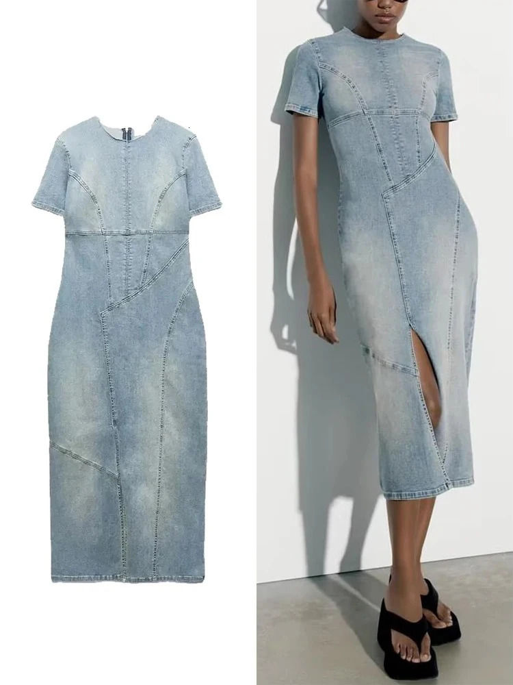 TRAFZA Casual Blue Denim Dress Patchwork Denim O Neck Dress Short Sleeve Slit Elegant Denim Midi Washed Denim Slim Dress 240701