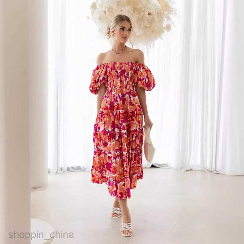 Basic Casual Dresses Women Spring/Summer New Slim and Spicy Girl Slim Fit Back One Line Neck Printed Short Sleeve Dress for Women