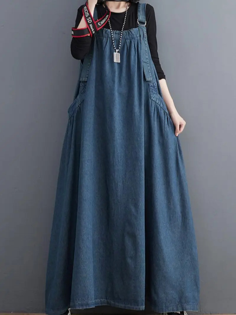 Woman Spring Autumn Denim Spaghetti Strap Sleeveless Temperament Dress Female Oversized Ankle-length Straight Pullover Dress 240701