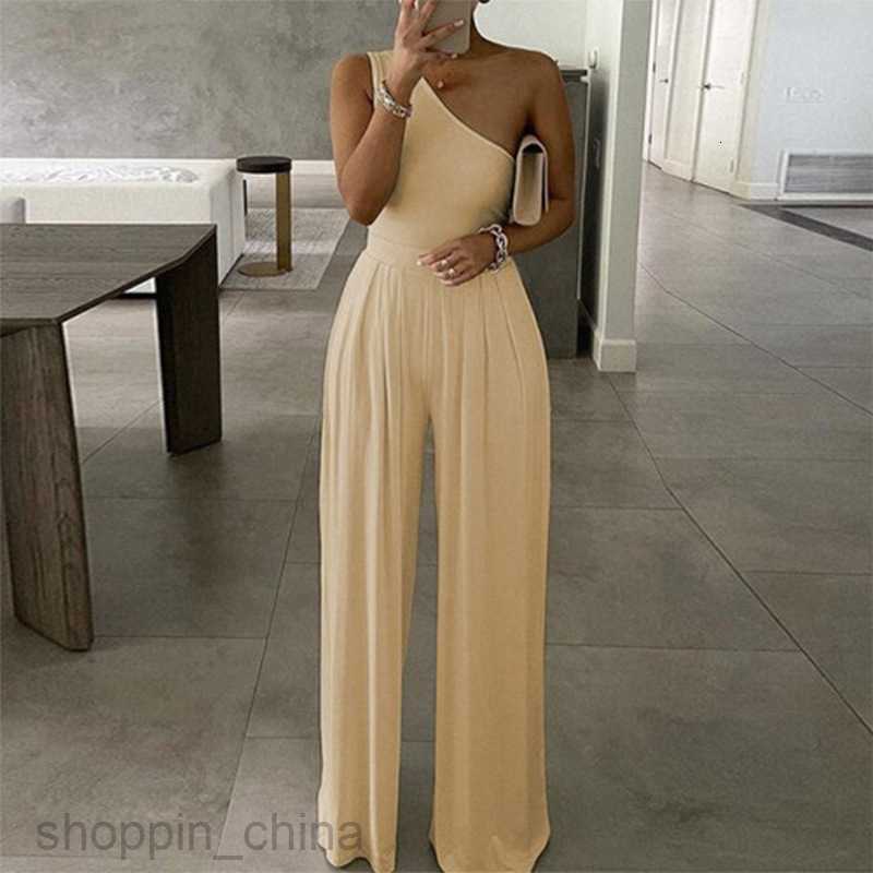 Women's Two Piece Sets Pants Summer New Women's Fashion Elegant and Solid Color Slant Shoulder Waist Wide Leg jumpsuit