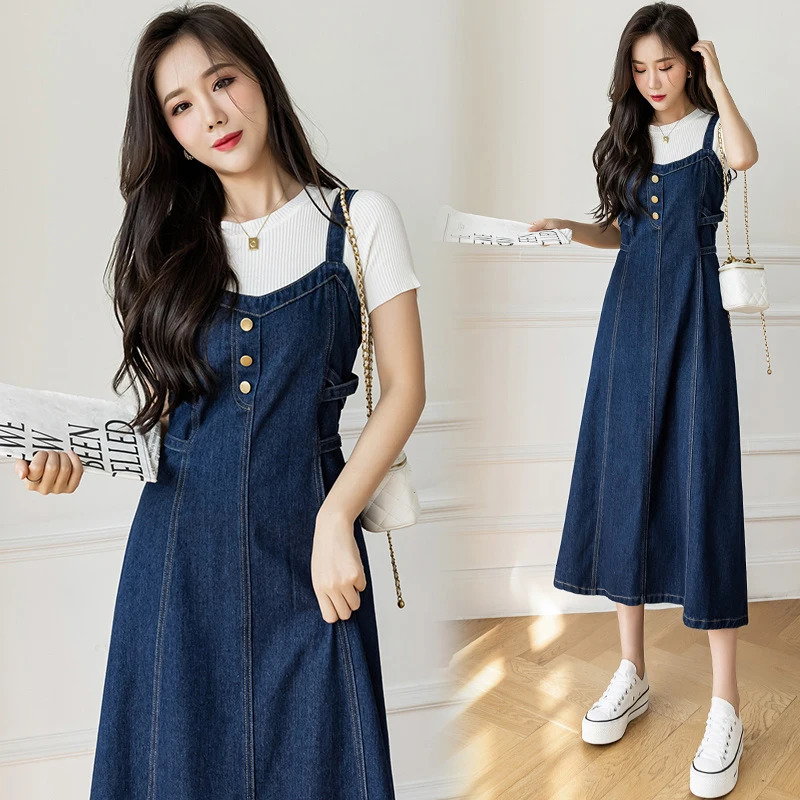 S-5XL Women Denim Strap Dress High Waist Sleeveless A-Line Jean Maxi Dresses Spring Summer Lace Up Solid Color Dress 240701