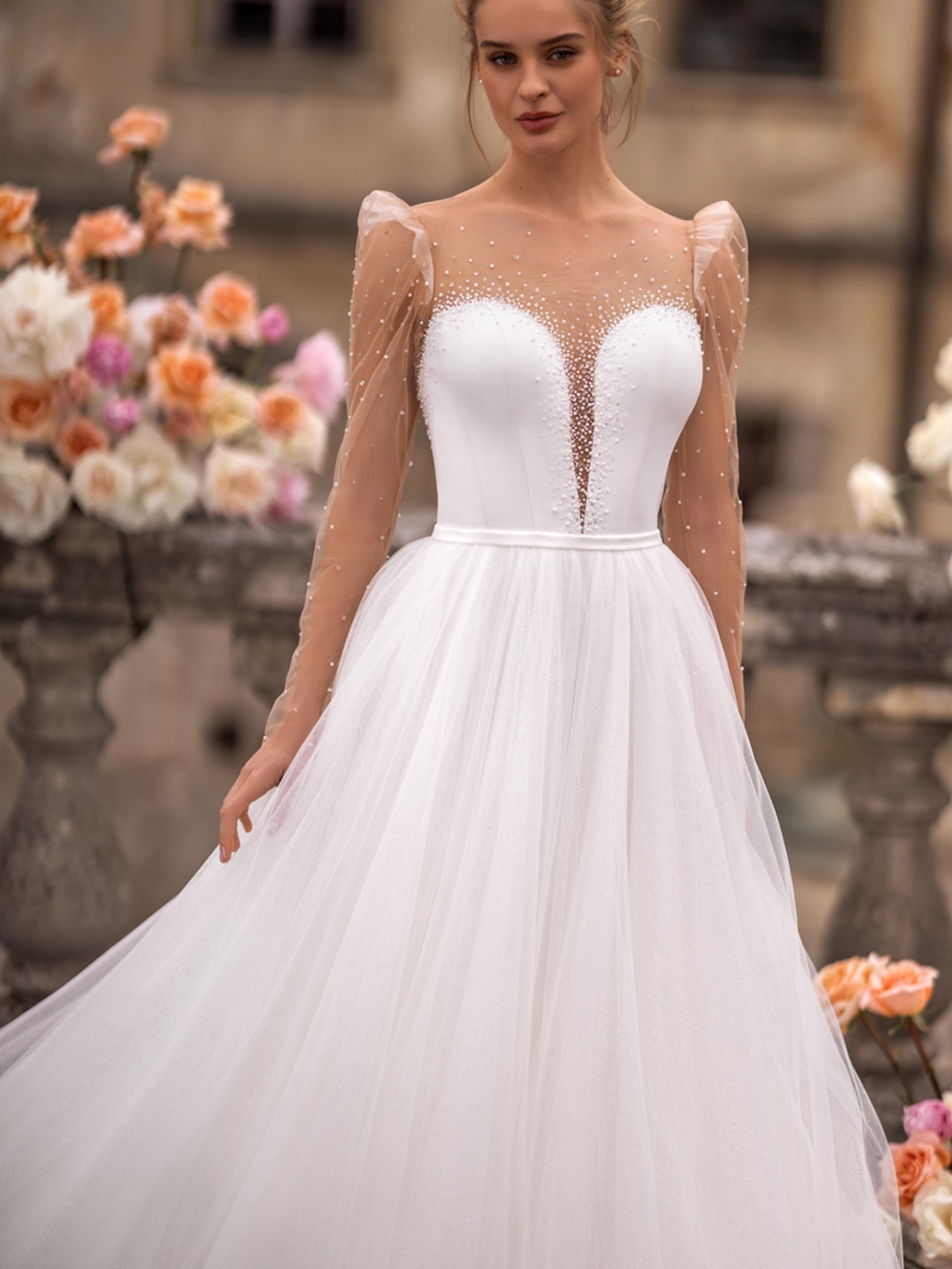 A Line Illusion Wedding Dresses 2024 Sheer Neck Long Sleeve With Beaded Bridal Dress Puffy Tulle Skirt Robe De Mariee