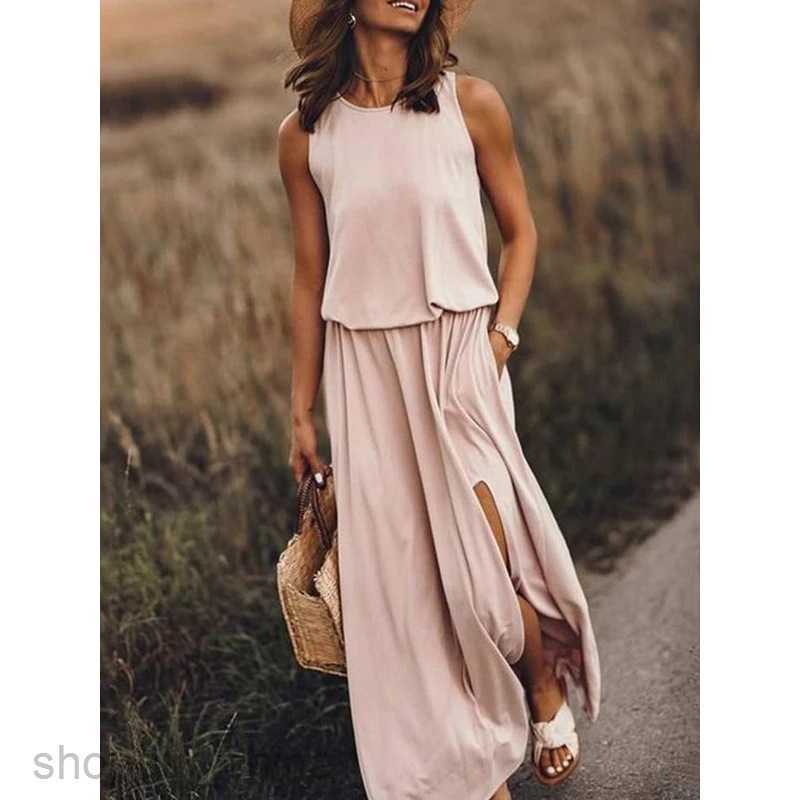 Casual Dresses for Woman Spring/Summer New Women's Round Neck Sleeveless Dress Split Solid Color Casual Commuter Long Dress