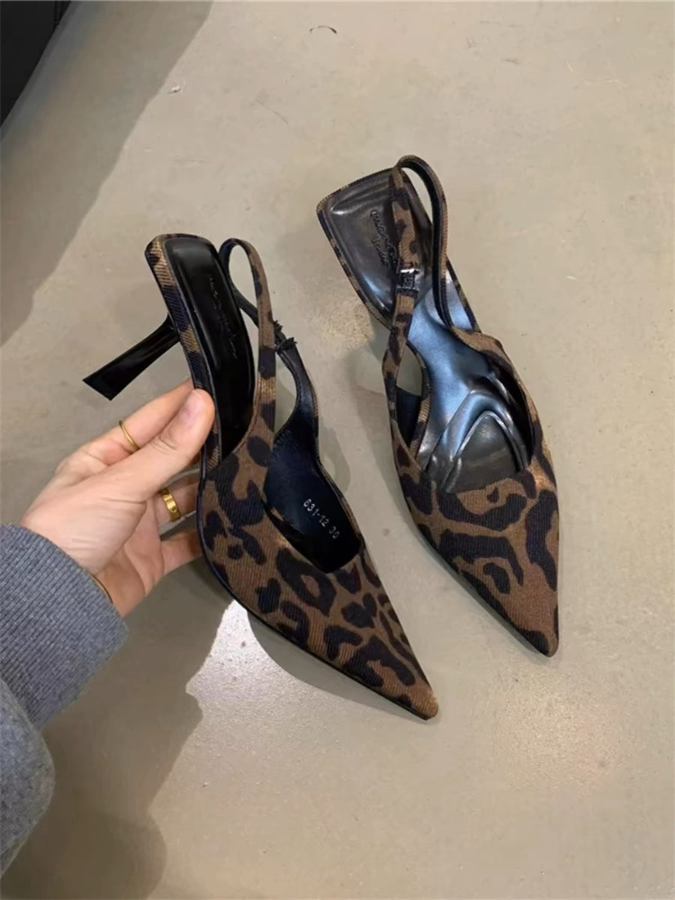 Sexy royal sister leopard print pointed-toe high heels women's 2024 summer new French temperament stiletto heel toe sandals Sliver