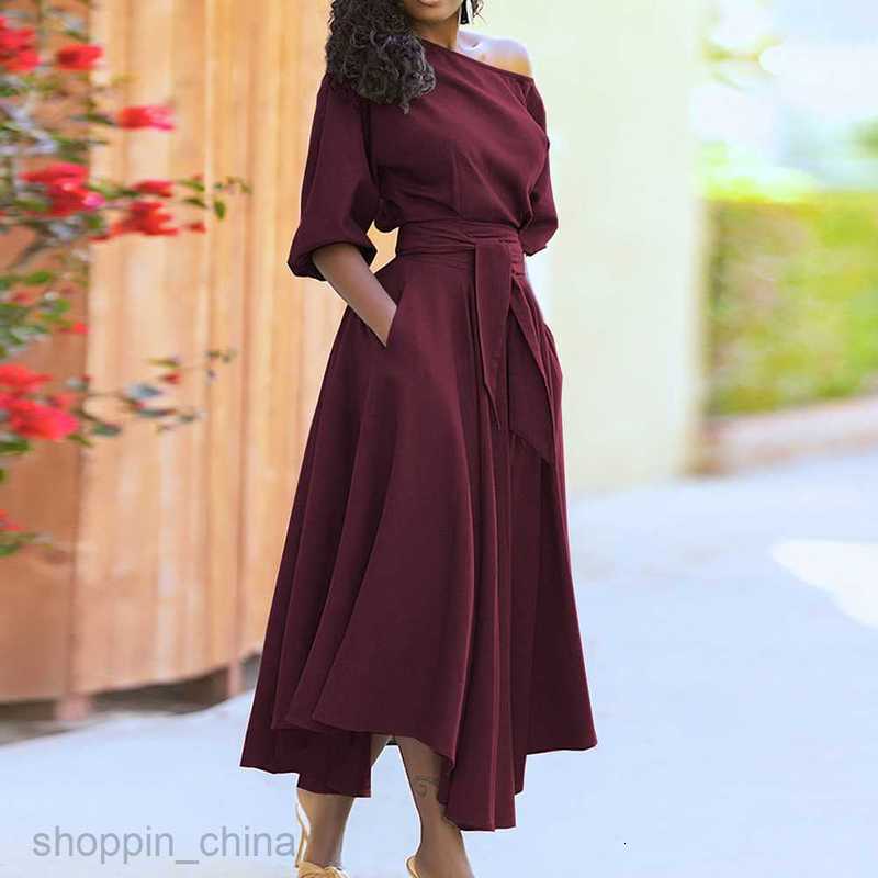 Basic Casual Dresses for Woman Summer Women's Oblique Shoulder Collar Tie Up Waist Style Solid Color Flare Dress