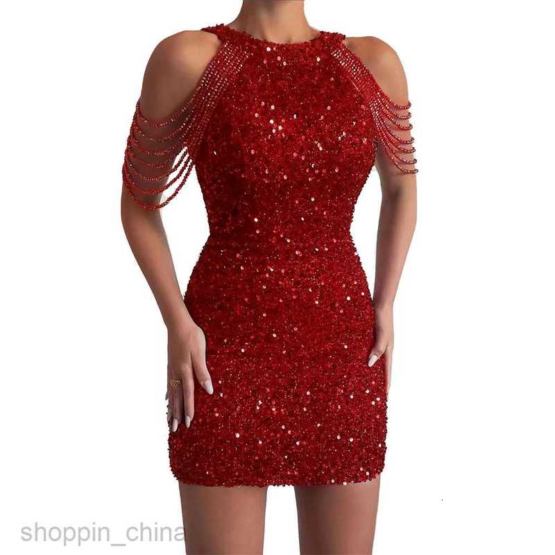 Casual Dresses for Woman Spring New Sexy Fashion Hanging Neck Shoulder Tassel Wrap Hip Crystal Spliced Sequin Dress