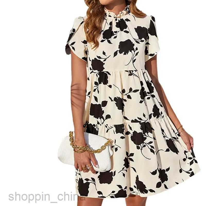 Basic Casual Dresses for Woman Women's short sleeved doll neckline, wooden ruffled leaf short dress, spring and autumn haute couture short skirt