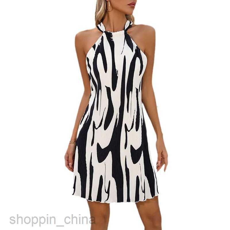 Basic Casual Dresses for Woman Women's Summer Elegant Print Wrinkle Feeling Hanging Neck A Swing Dress Personalized Shoulder Lace Short Skirt