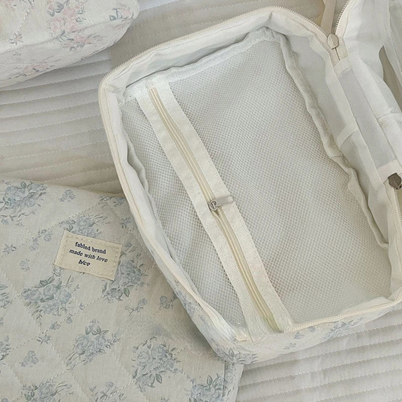 3 Types Flower Womens Cosmetic Bag Portable Ladies Makeup Purse Travel Storage Bags Large Capacity Quilted Cotton Tote Handbags 240626