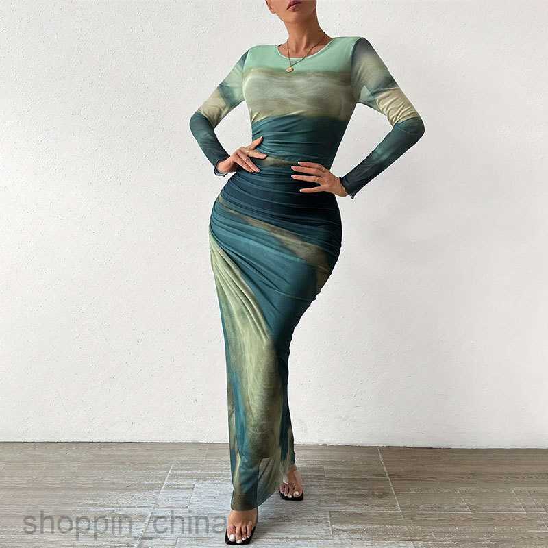 Basic Casual Dresses for Woman Women's dress, women's commuting tie dye, pleated, slim fit round neck, long sleeved dress, summer women'