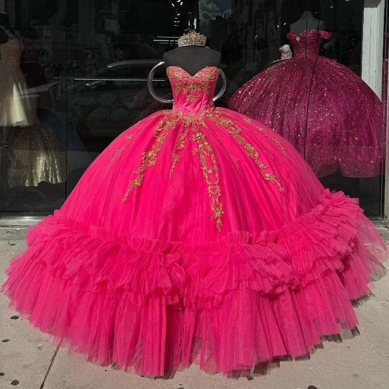 Rose Red Quinceanera Dresses Ball Gown Off Shoulder Puffy Sweet 16 Dress Applique Lace Beads Tull Tiered Celebrity Party Gowns