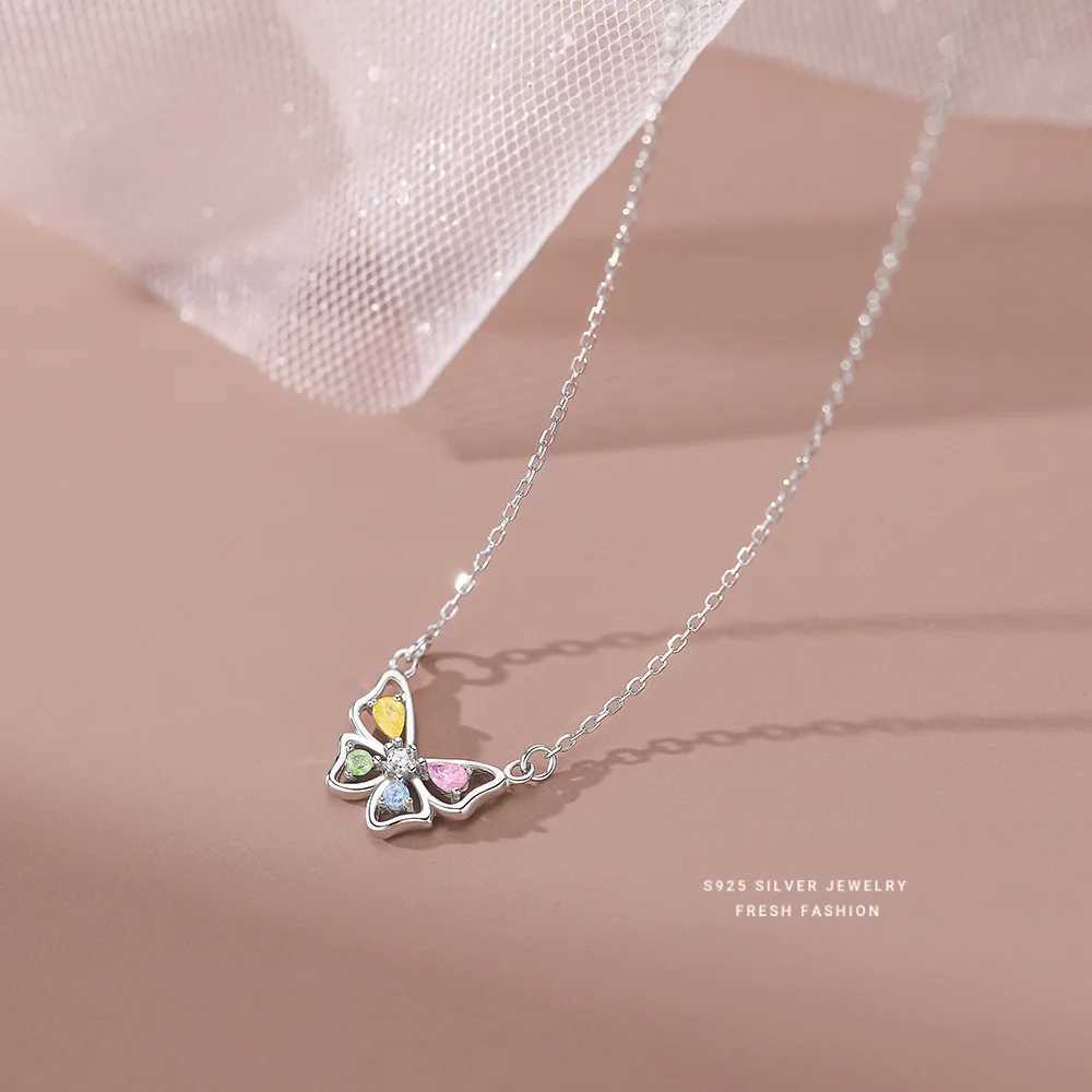 Pendant Necklaces 925 Sterling Silver Korean Sweet Colored Zircon Butterfly Pendant Necklace for Women Girl Wedding Party Jewelry