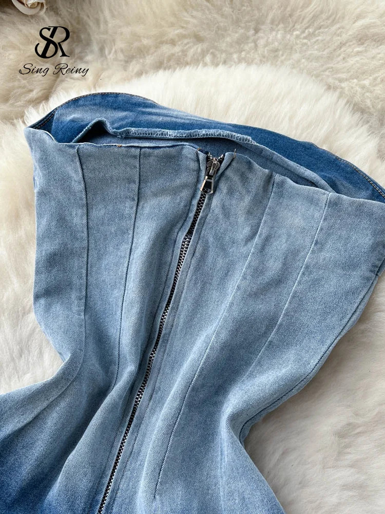 SINGREINY Summer Gradient Strapless Sexy Denim Dress Women Sleeveless Bodycon Jeans Sundress Fashion Split Backless Long Dress 240701