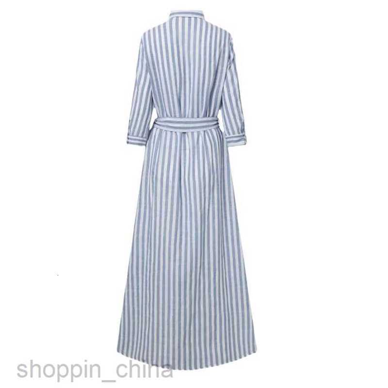 Basic Casual Dresses Women New Cotton and Hemp Colored Weaving Stripe Women's Cardigan Waist Belt High Grade Loose 3/4 Sleeve Elegant Casual Dres