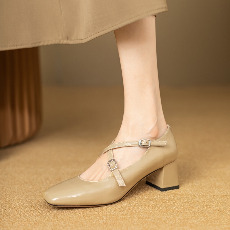 Women's New Spring And Autumn Square Head Leather Cowhide Cross Strap High Heel Mary Jane Work Sheet Shoes