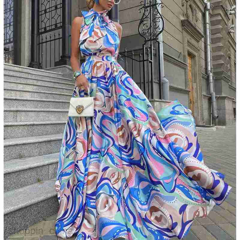 Basic Casual Dresses Women Spring/Summer New Women's Long Skirt Chiffon Sling Blue High Waist Temperament Printed Dress