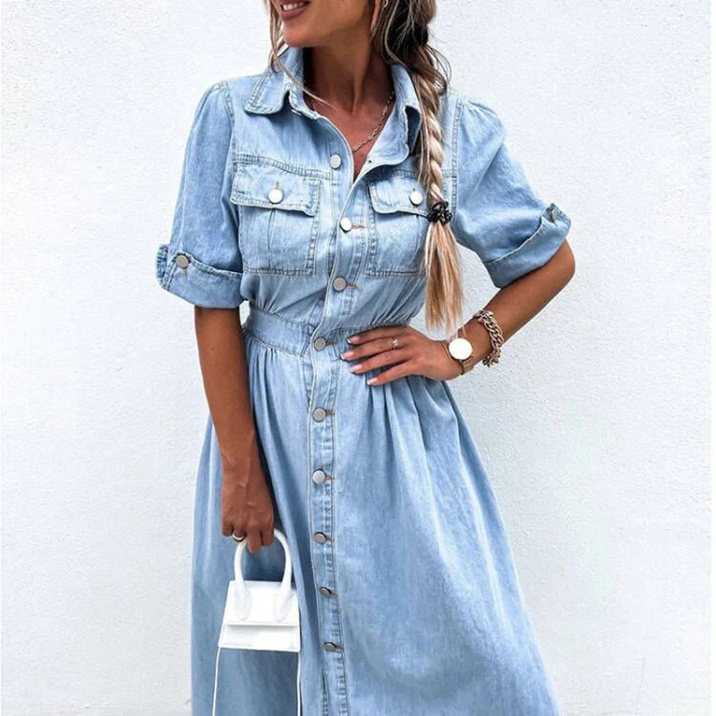 Elegant Lapel Short Sleeve Denim Dress Casual Single-breasted Pocket Long Dress Summer High Waist Temperament Commute Dress 240701