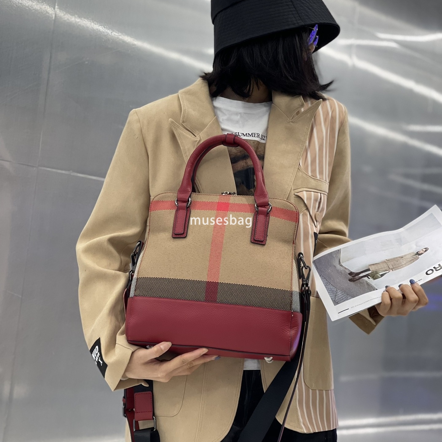 Women autumn and winter new casual plaid tote bag with trendy stripes wide shoulder straps single shoulder genuine leather bag for women