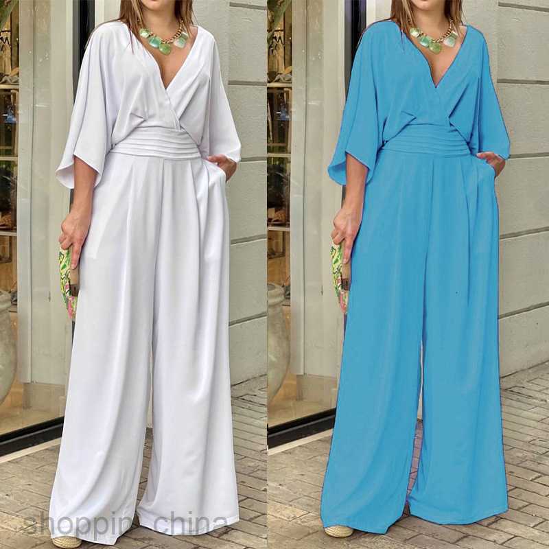 Women's Two Piece Sets Pants Summer elegant clothing women's fashion solid color short sleeved casual V-neck jumpsuit
